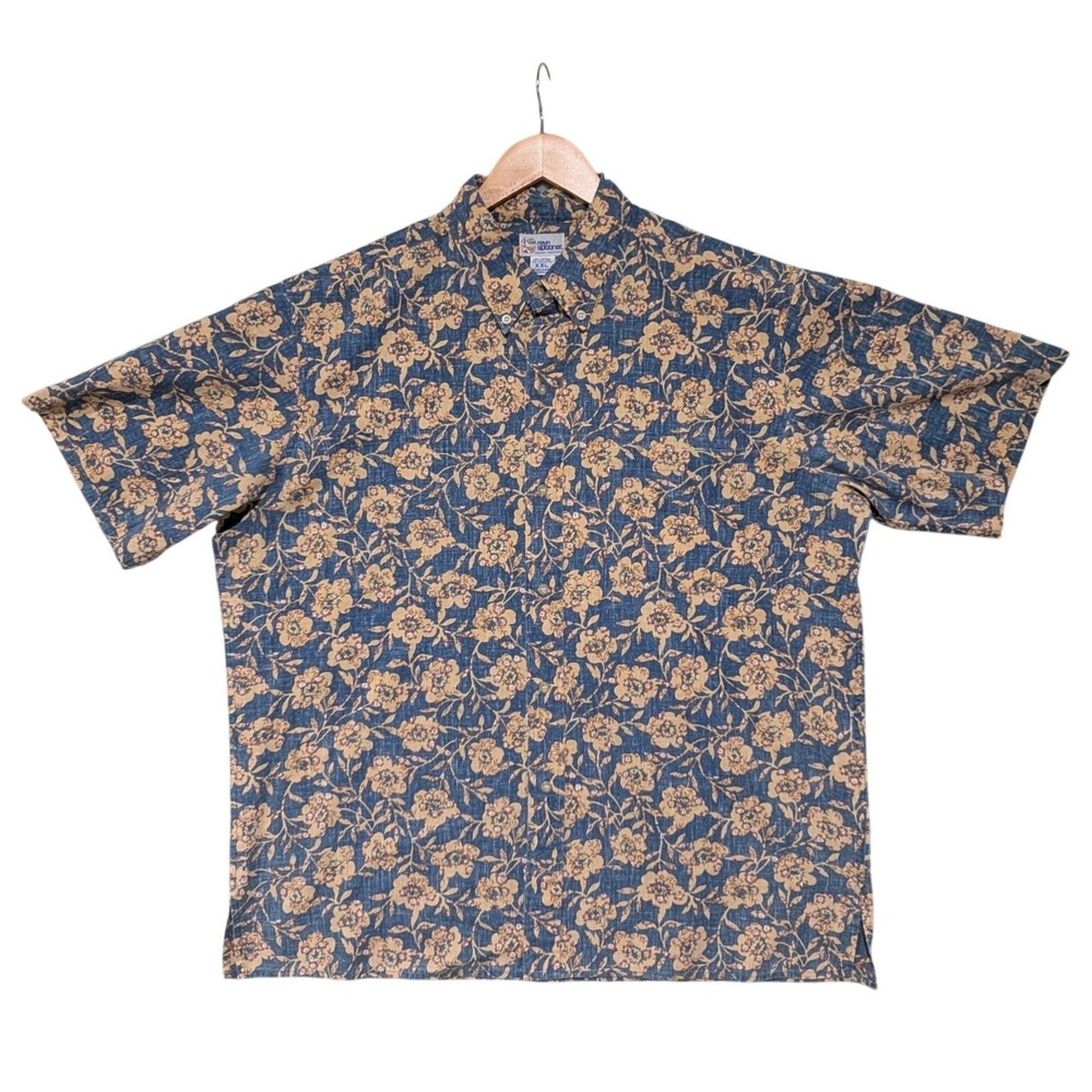 Reyn Spooner Hawaiian Traditional Shirt XXL Blue Tan Floral Reverse Print XXL